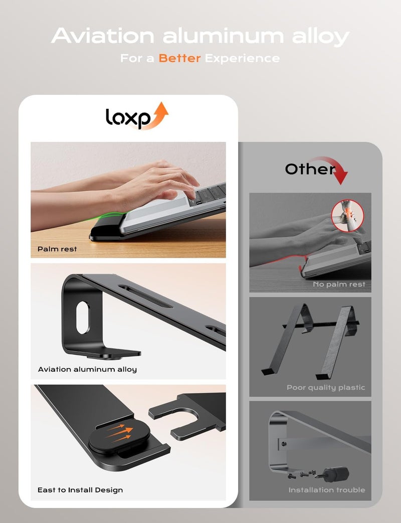 LOXP حامل لابتوب للمكتب، حامل لابتوب معدني مع دعم للمعصم، حامل لابتوب قابل للفصل بتصميم مريح، منصة ألمنيوم، حامل كمبيوتر لماك بوك إير برو، HP، ديل، XPS، HP (10-17 بوصة) - أسود - Image 2